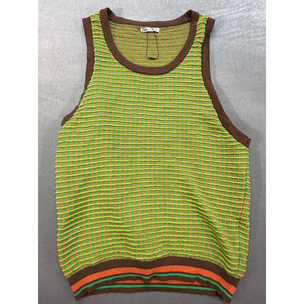 New Zara Women Sweater Vest Green Orange Size Large
